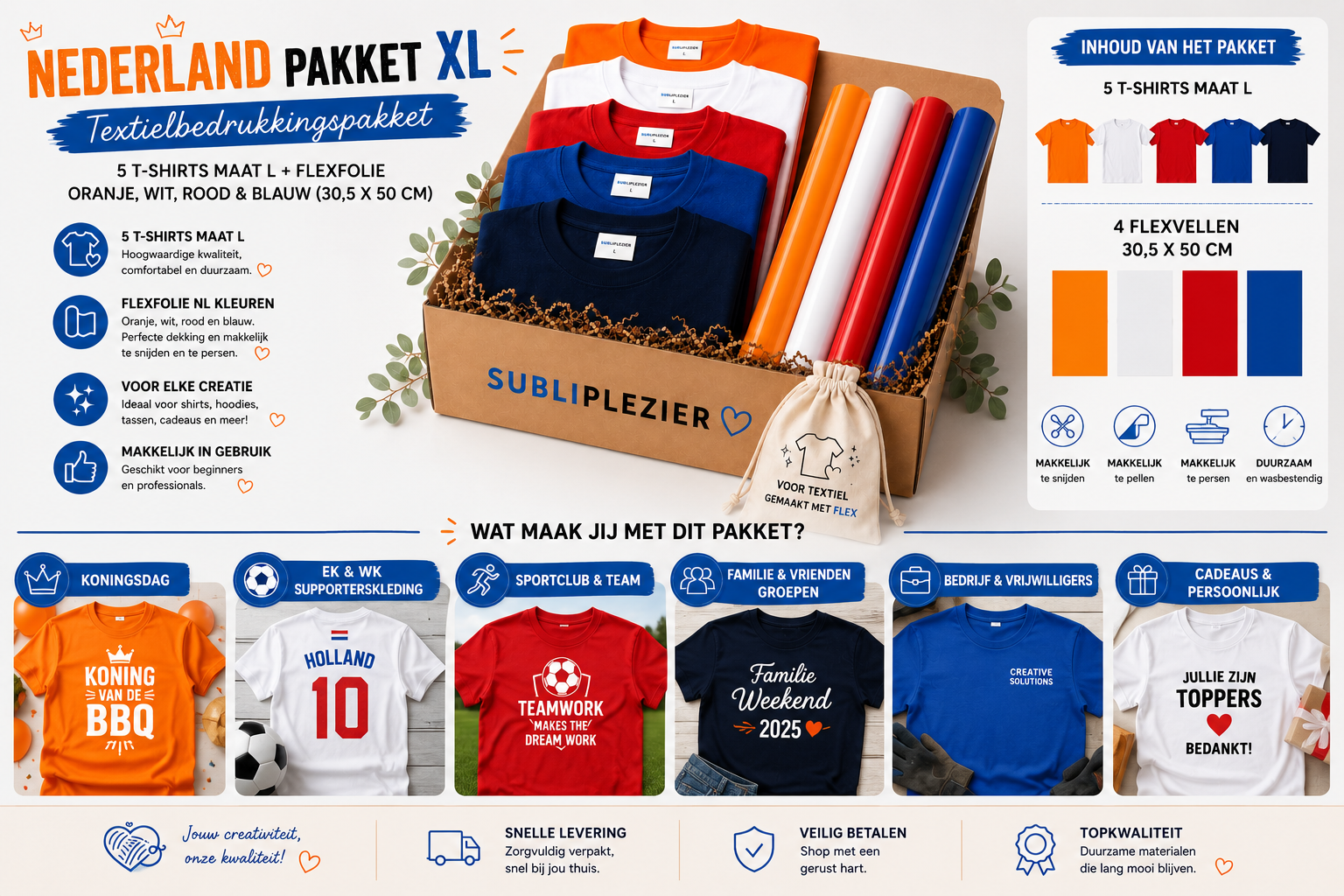 Afbeelding van Nederland Fanpakket XL – Textielbedrukkingspakket met T-Shirts & Flexfolie in Belgische Kleuren